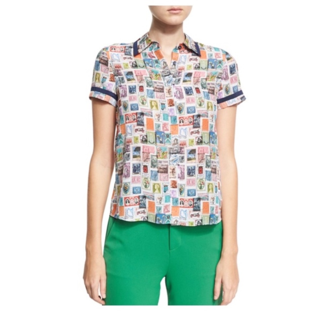 Alice + Olivia Oswald Stamp Print Silk Blouse Shirt size XS